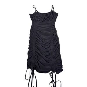 Aster Ruched Mini Dress Sz Small Bodycon Mesh Drawstring LBD Y2K Edgy ClubBlack